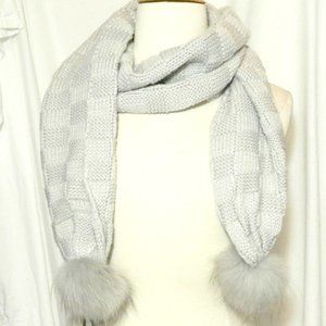 Tom & Eva $95 Basket Weave Scarf Fur Poms NWT